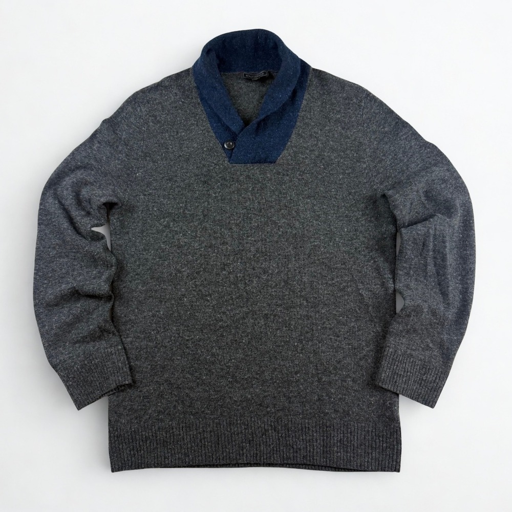 Express Shawl Collar Sweater Mens M Gray Blue Merino Wool Blend Pullover Grandpa